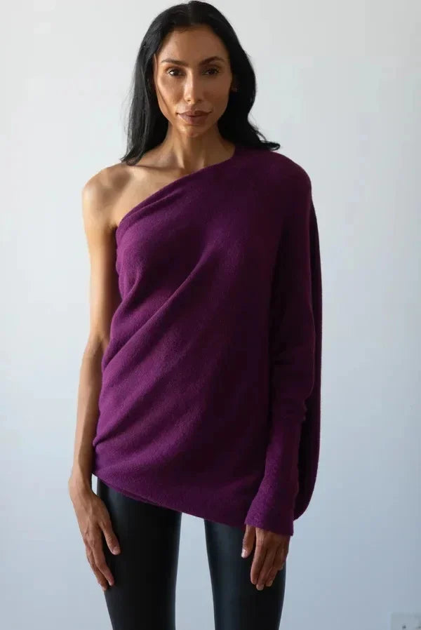 Camisola feminina assimétrica drapeada com gola swing