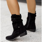 Botins slouch femininos com punho dobrável e salto bloco baixo