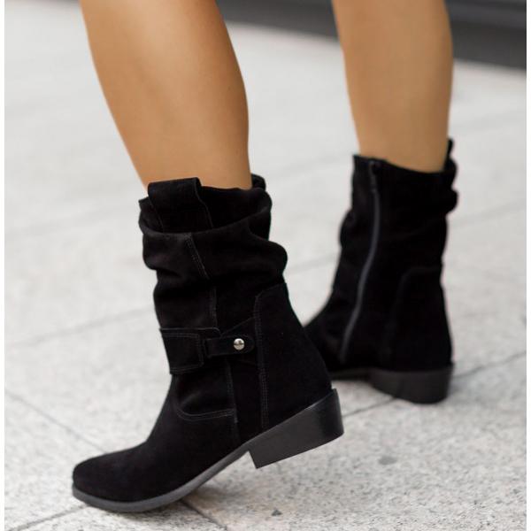 Botins slouch femininos com punho dobrável e salto bloco baixo