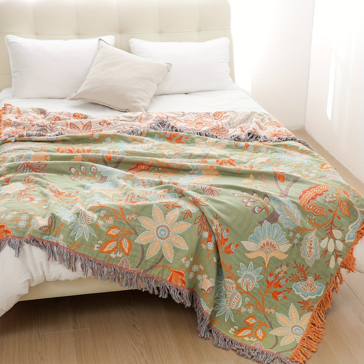 Manta de algodão com borla estilo boémio, padrão floral jacquard 200x230 cm