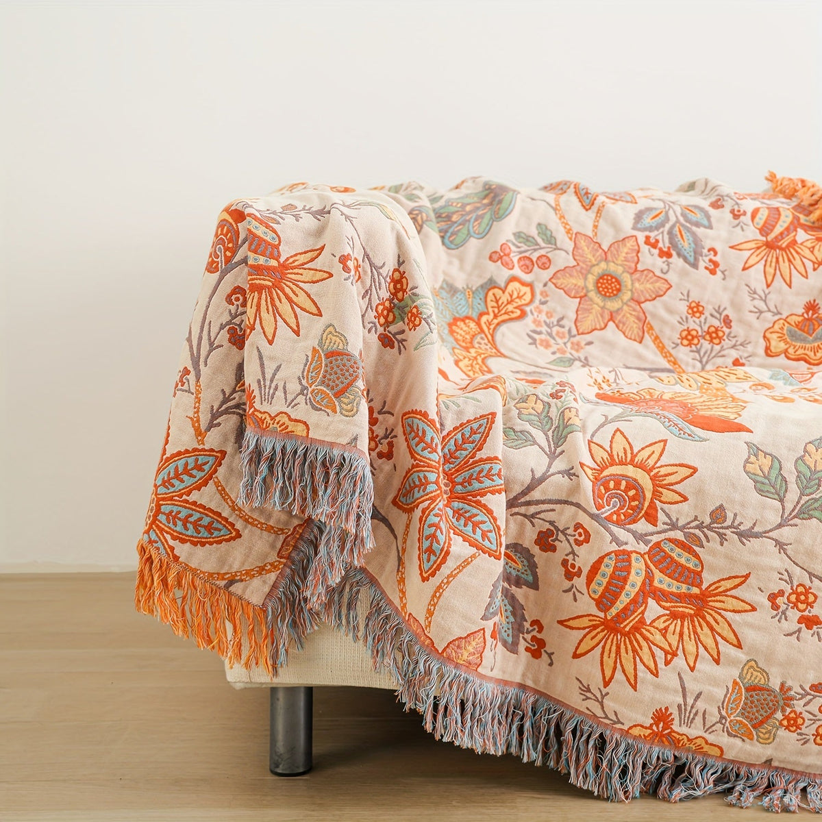 Manta de algodão com borla estilo boémio, padrão floral jacquard 200x230 cm