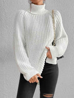 Camisola feminina gola alta canelada com fenda lateral outono inverno