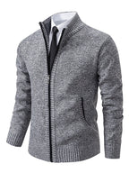 Cardigan homem malha canelada fecho completo gola alta