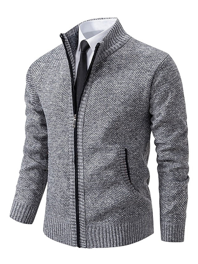 Cardigan homem malha canelada fecho completo gola alta