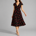 Vestido midi floral gola V com acabamento em renda e silhueta A-line