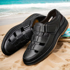 Sandálias de couro masculinas slip-on abertas em preto e castanho