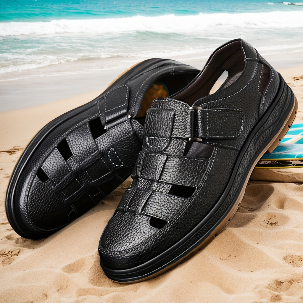 Sandálias de couro masculinas slip-on abertas em preto e castanho