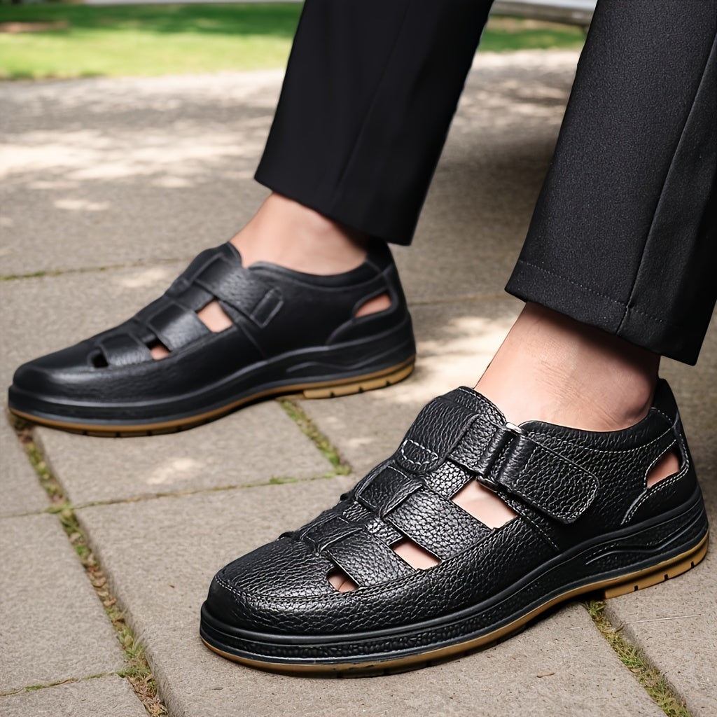Sandálias de couro masculinas slip-on abertas em preto e castanho