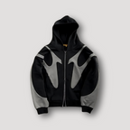 Sweater com capuz zip estampado homem fit relaxado em azul preto e cinzento