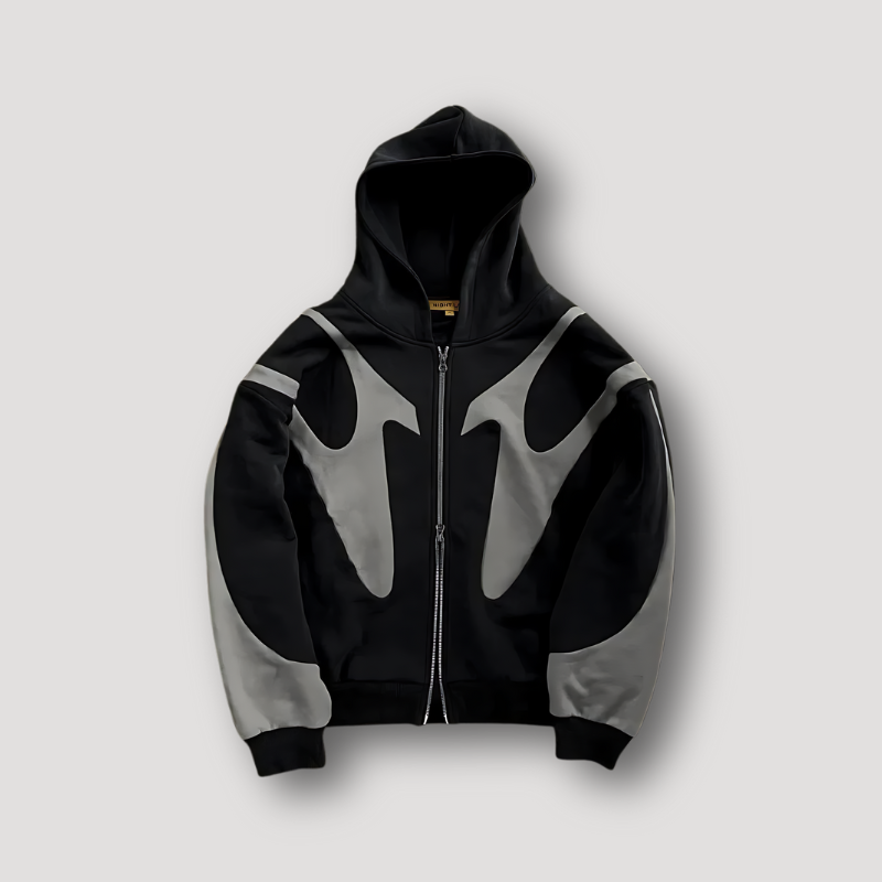 Sweater com capuz zip estampado homem fit relaxado em azul preto e cinzento