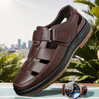 Sandálias de couro masculinas slip-on abertas em preto e castanho