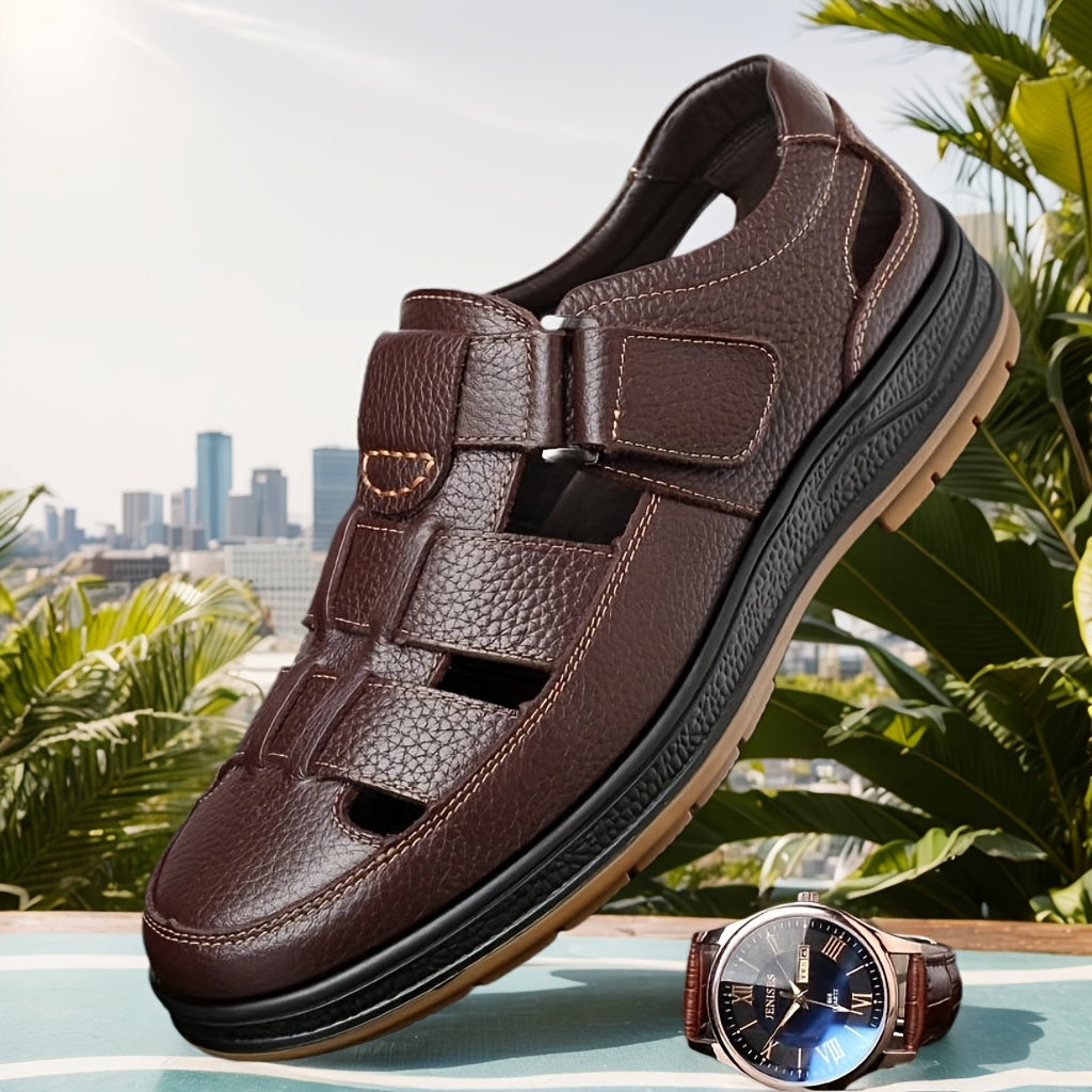 Sandálias de couro masculinas slip-on abertas em preto e castanho