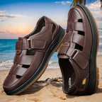Sandálias de couro masculinas slip-on abertas em preto e castanho