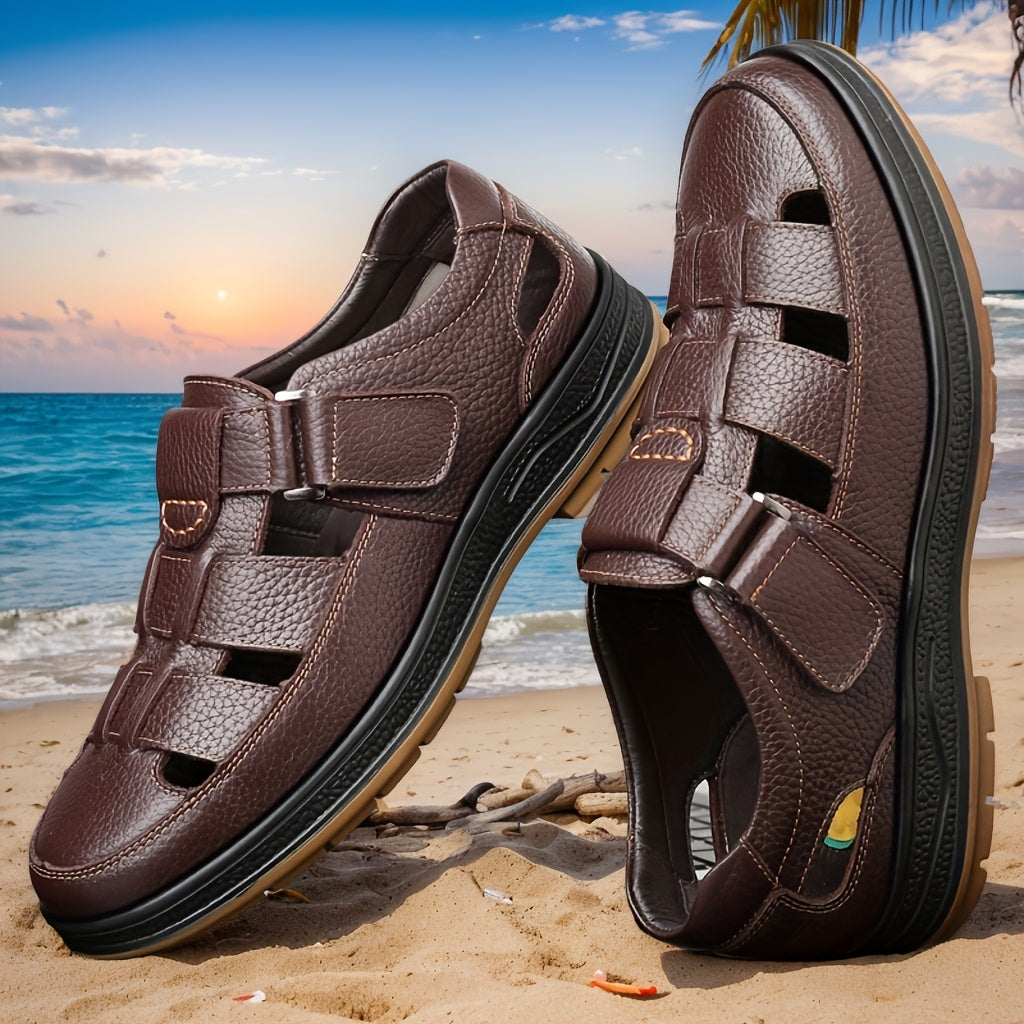 Sandálias de couro masculinas slip-on abertas em preto e castanho
