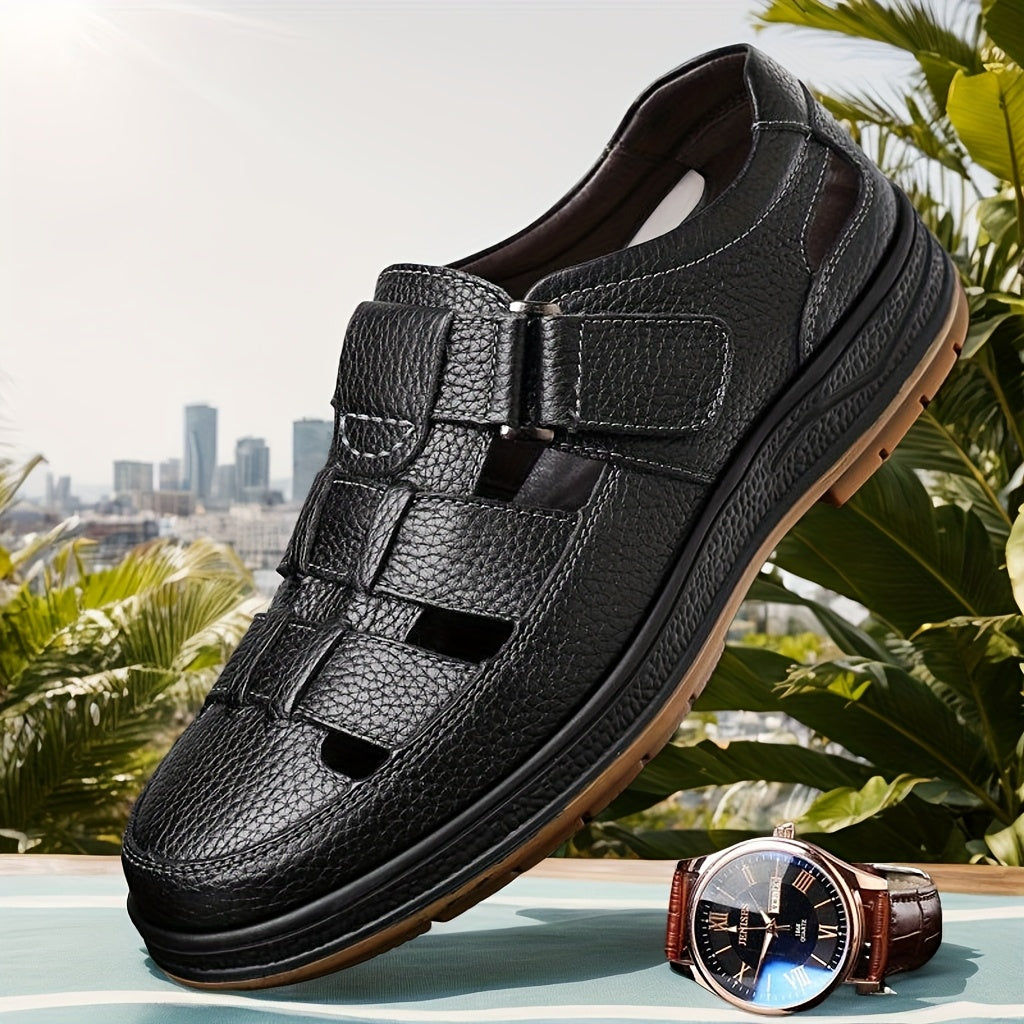 Sandálias de couro masculinas slip-on abertas em preto e castanho