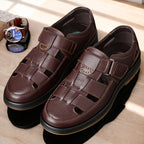 Sandálias de couro masculinas slip-on abertas em preto e castanho