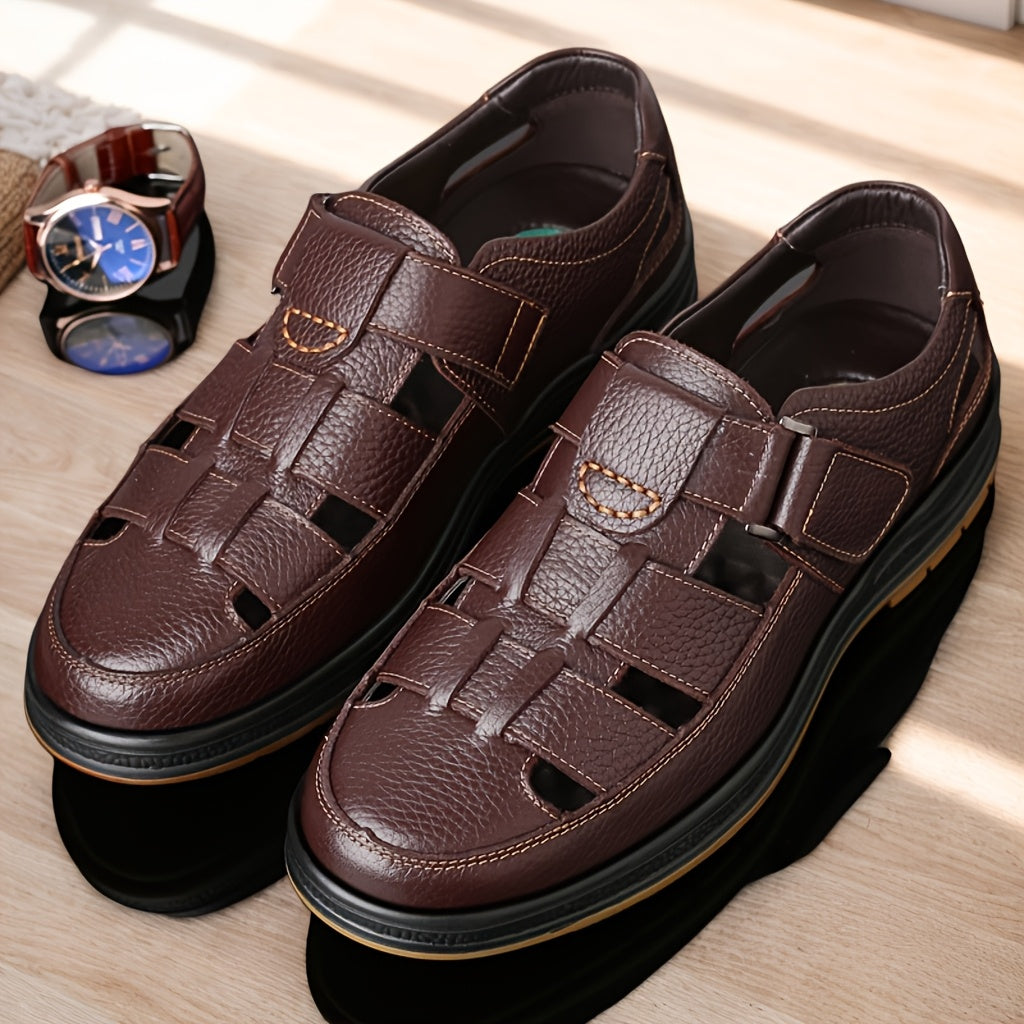 Sandálias de couro masculinas slip-on abertas em preto e castanho