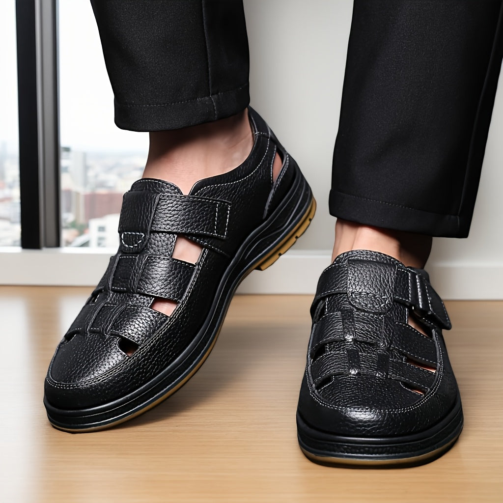 Sandálias de couro masculinas slip-on abertas em preto e castanho