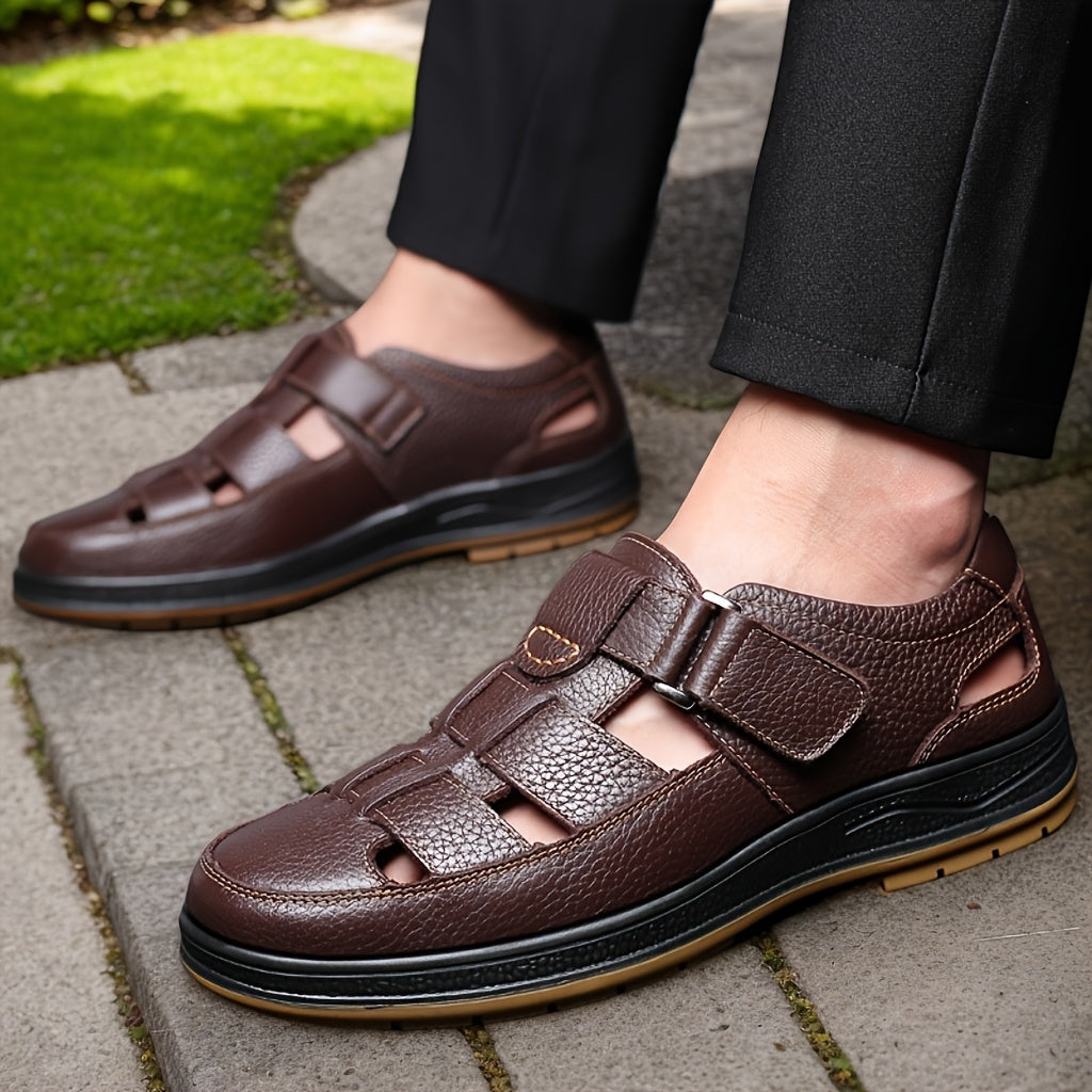 Sandálias de couro masculinas slip-on abertas em preto e castanho