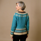 Cardigan islandês vintage feminino tricotado à mão com padrão nórdico vibrante