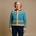 Cardigan islandês vintage feminino tricotado à mão com padrão nórdico vibrante
