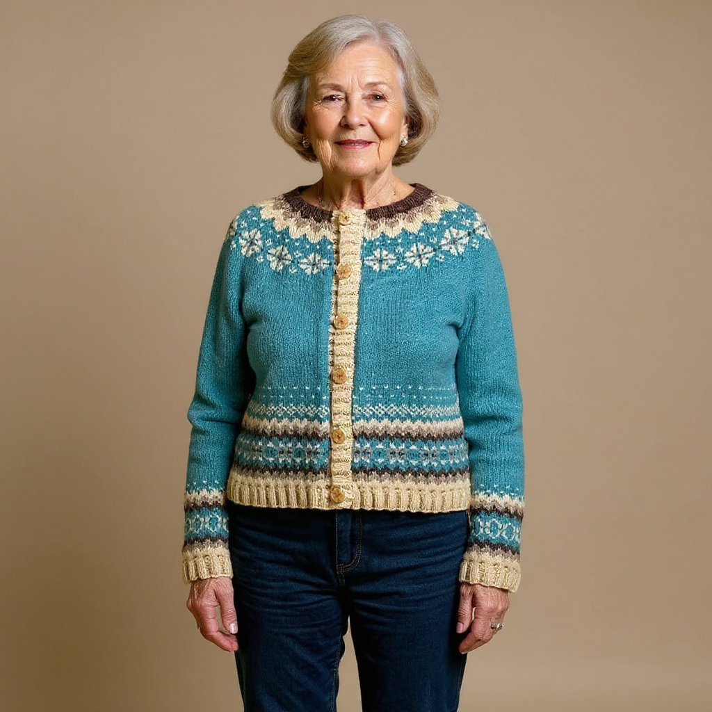 Cardigan islandês vintage feminino tricotado à mão com padrão nórdico vibrante
