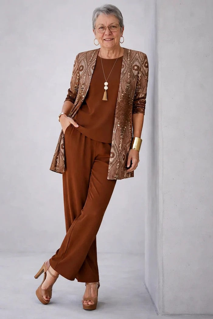 Conjunto 3 peças feminino cardigan fluido e calça estampada botânica
