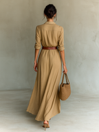 Vestido longo casual gola lapela corte fluido feminino