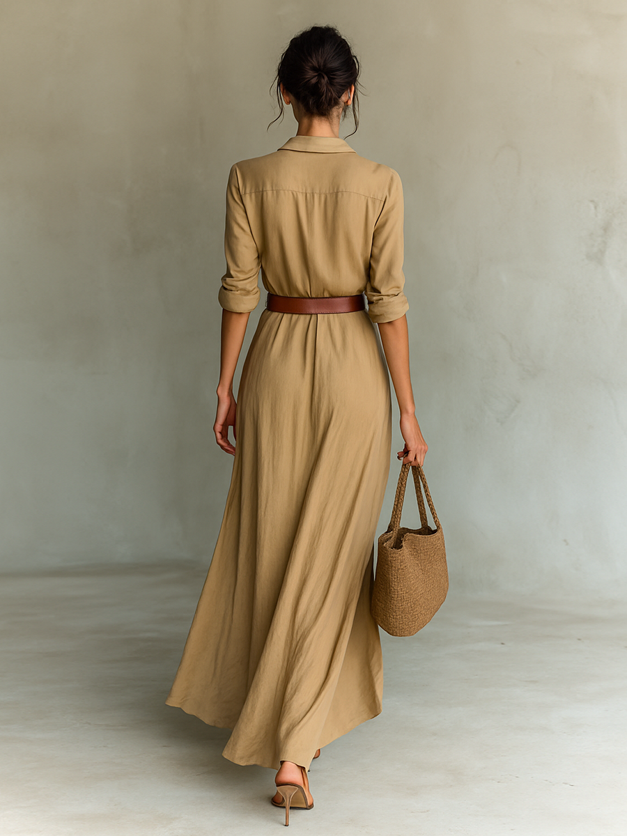 Vestido longo casual gola lapela corte fluido feminino