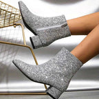 Botins glitter femininos com salto estável ao tornozelo