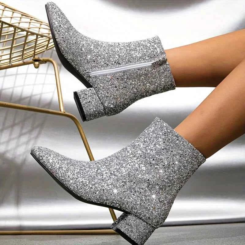 Botins glitter femininos com salto estável ao tornozelo