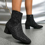 Botins glitter femininos com salto estável ao tornozelo