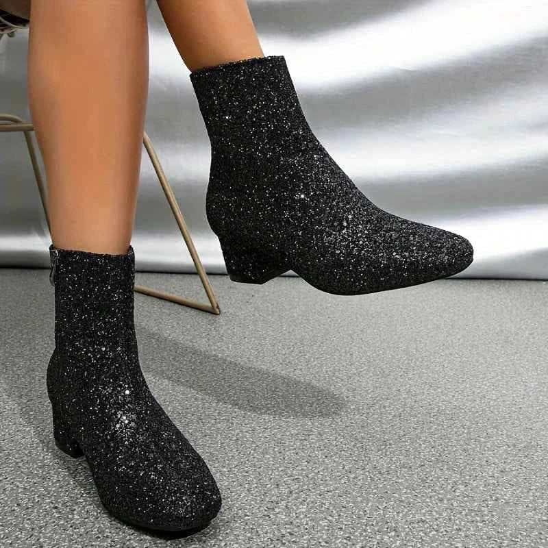 Botins glitter femininos com salto estável ao tornozelo