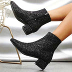 Botins glitter femininos com salto estável ao tornozelo