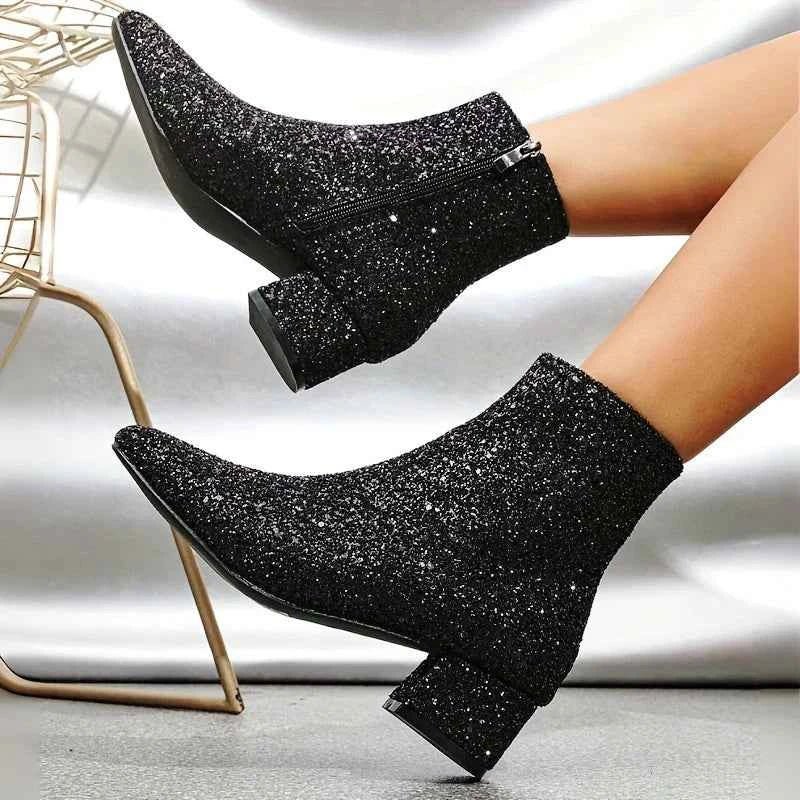 Botins glitter femininos com salto estável ao tornozelo