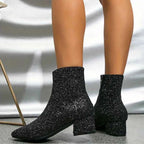 Botins glitter femininos com salto estável ao tornozelo