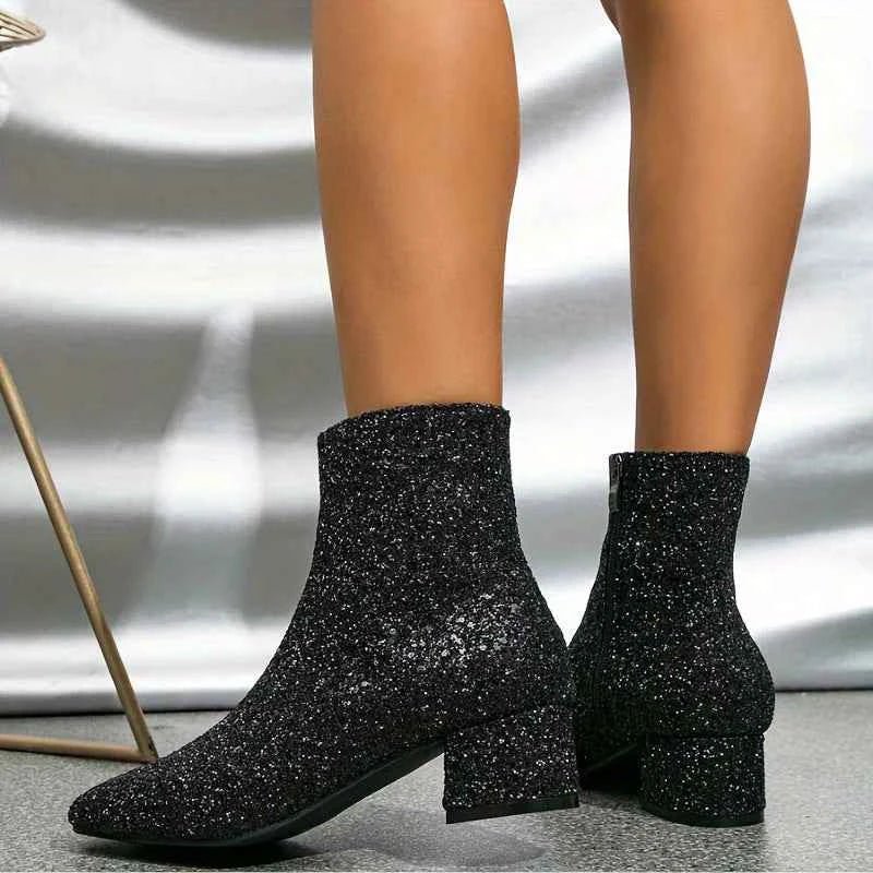 Botins glitter femininos com salto estável ao tornozelo