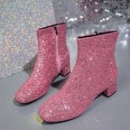 Botins glitter femininos com salto estável ao tornozelo