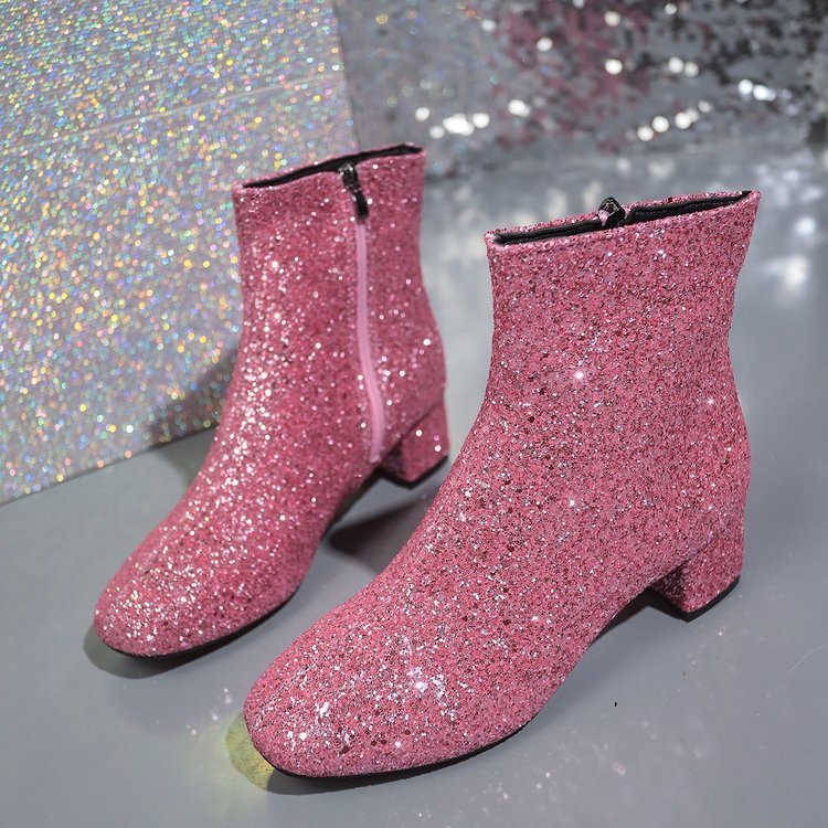 Botins glitter femininos com salto estável ao tornozelo