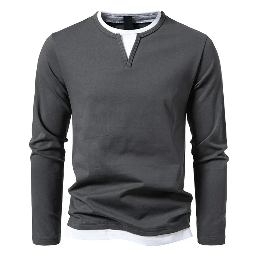 Camisola Henley homem manga comprida gola dividida cor sólida