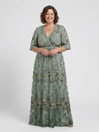 Vestido longo floral feminino com decote V e manga curta até o cotovelo