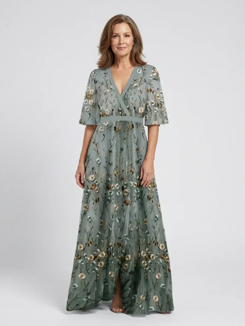 Vestido longo floral feminino com decote V e manga curta até o cotovelo