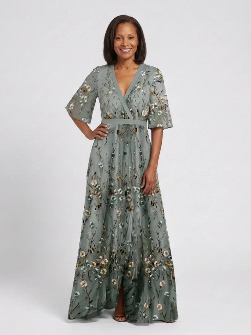 Vestido longo floral feminino com decote V e manga curta até o cotovelo