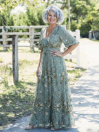 Vestido longo floral feminino com decote V e manga curta até o cotovelo