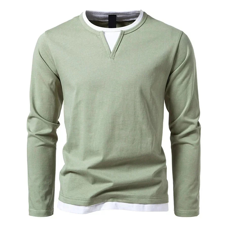 Camisola Henley homem manga comprida gola dividida cor sólida