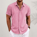 Camisa de linho homem manga curta colarinho aberto corte regular