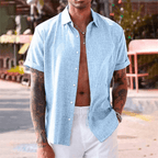 Camisa de linho homem manga curta colarinho aberto corte regular