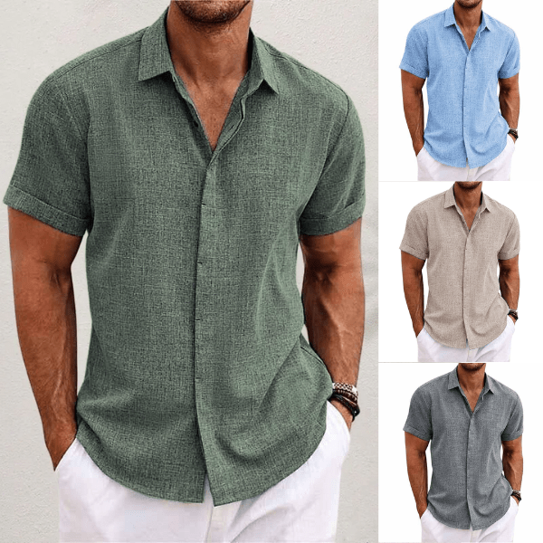 Camisa de linho homem manga curta colarinho aberto corte regular