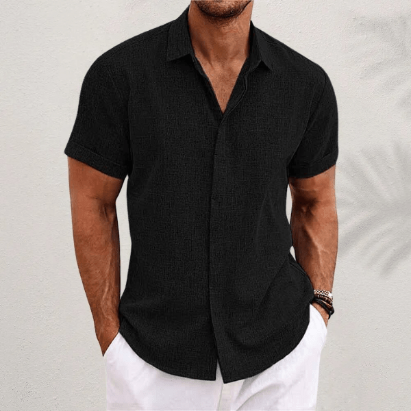 Camisa de linho homem manga curta colarinho aberto corte regular