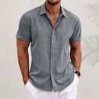 Camisa de linho homem manga curta colarinho aberto corte regular